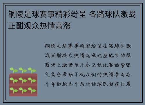 铜陵足球赛事精彩纷呈 各路球队激战正酣观众热情高涨