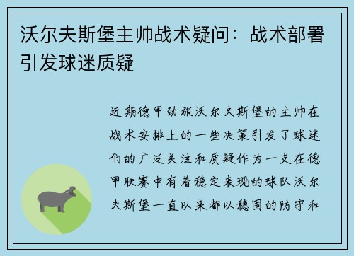 沃尔夫斯堡主帅战术疑问：战术部署引发球迷质疑