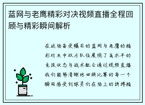 蓝网与老鹰精彩对决视频直播全程回顾与精彩瞬间解析