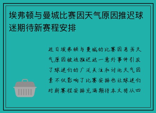 埃弗顿与曼城比赛因天气原因推迟球迷期待新赛程安排