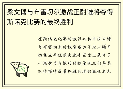 梁文博与布雷切尔激战正酣谁将夺得斯诺克比赛的最终胜利