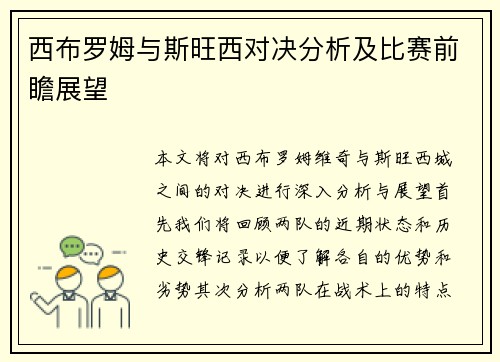 西布罗姆与斯旺西对决分析及比赛前瞻展望