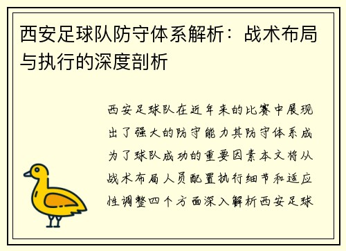 西安足球队防守体系解析：战术布局与执行的深度剖析