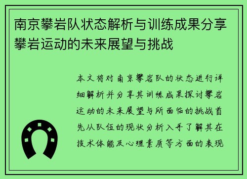 南京攀岩队状态解析与训练成果分享攀岩运动的未来展望与挑战